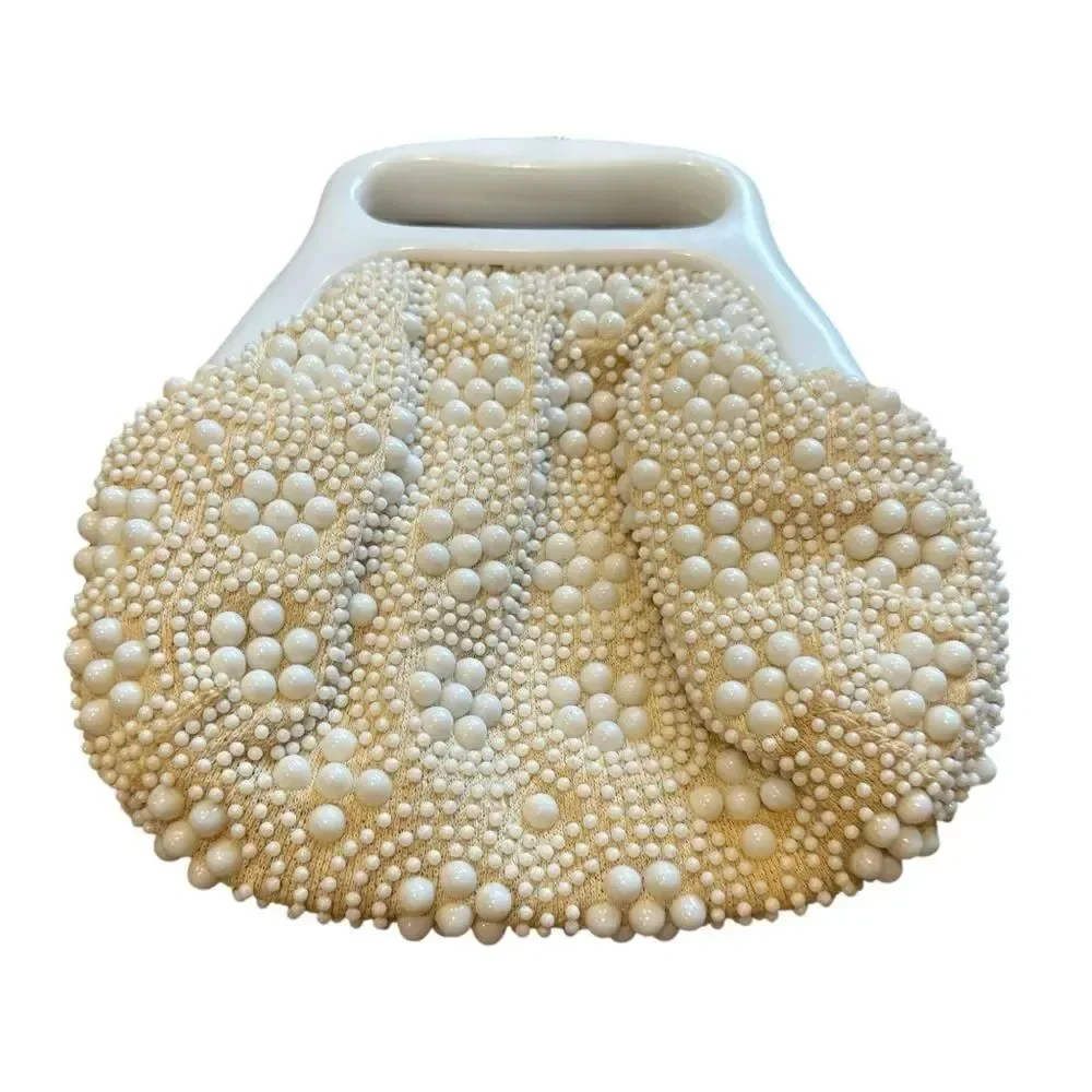 Vintage 1960s Elegant Beaded Cream Clutch with Gold Clasp